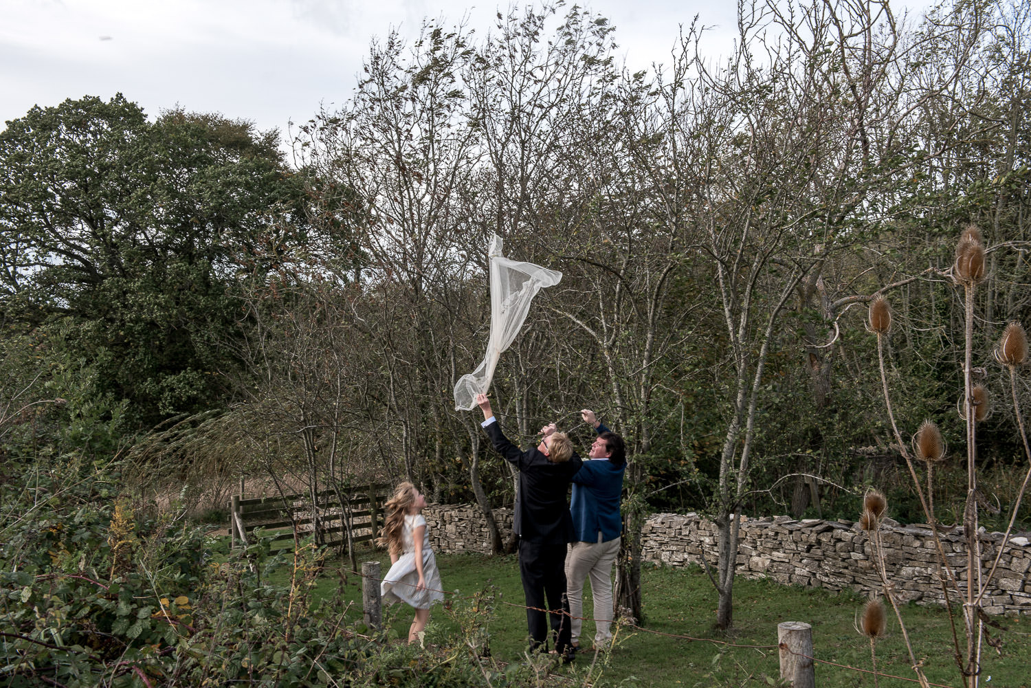 wedding guests getting the bride's veil out of a tree