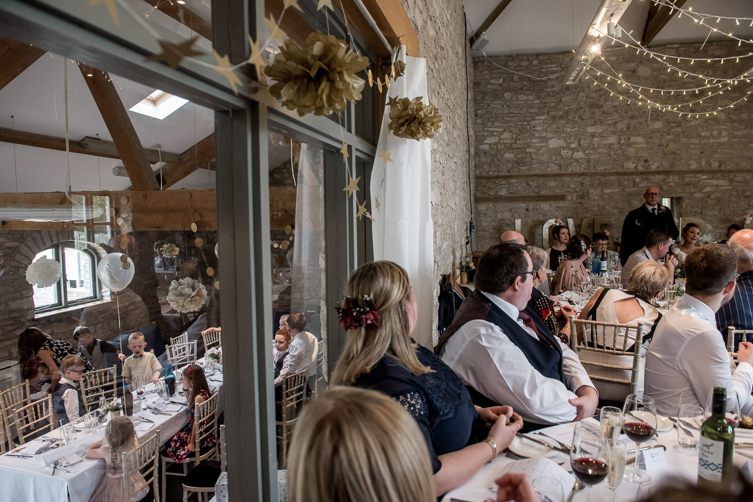 folly farm wedding reception with guests and kids