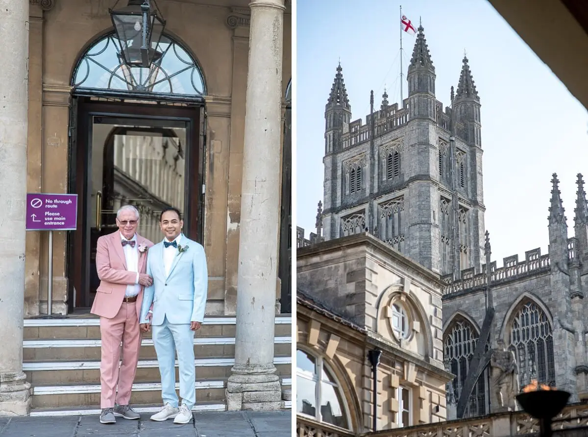 Male wedding couple in front of the Roman Baths in Bath Wedding Photographer