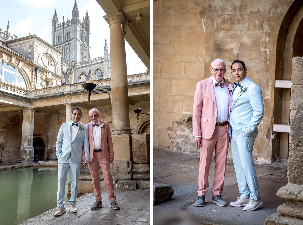 newly wed groom and groom at the roman baths