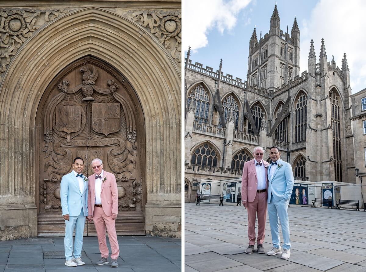 Newlywed gay couple posing in front of Bath Abbey