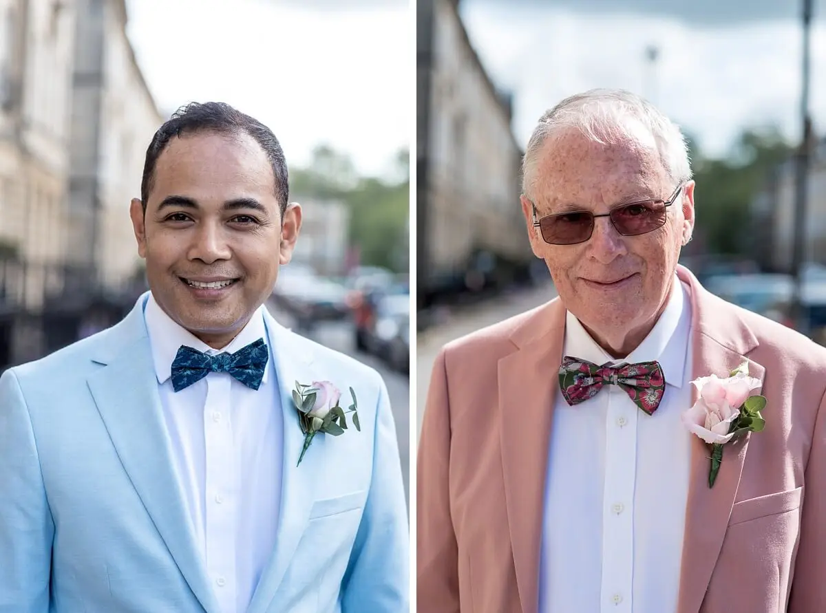Male wedding couple in front of Great Pulteney Street Bath Wedding Photographer