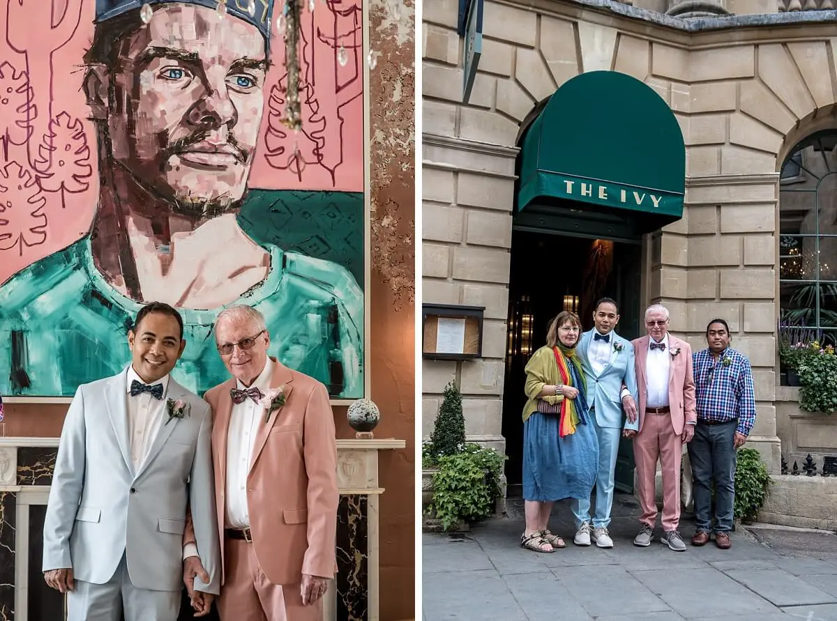Male wedding couple in front of The Ivy in Bath Wedding Photographer