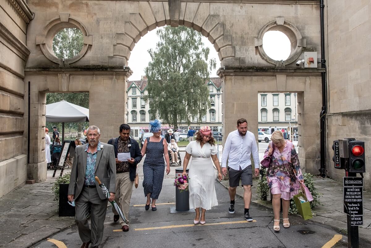 wedding guests outside the Guildhall Bath