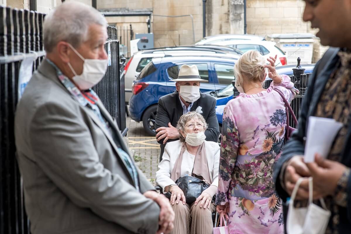 wedding guests outside the Guildhall Bath
