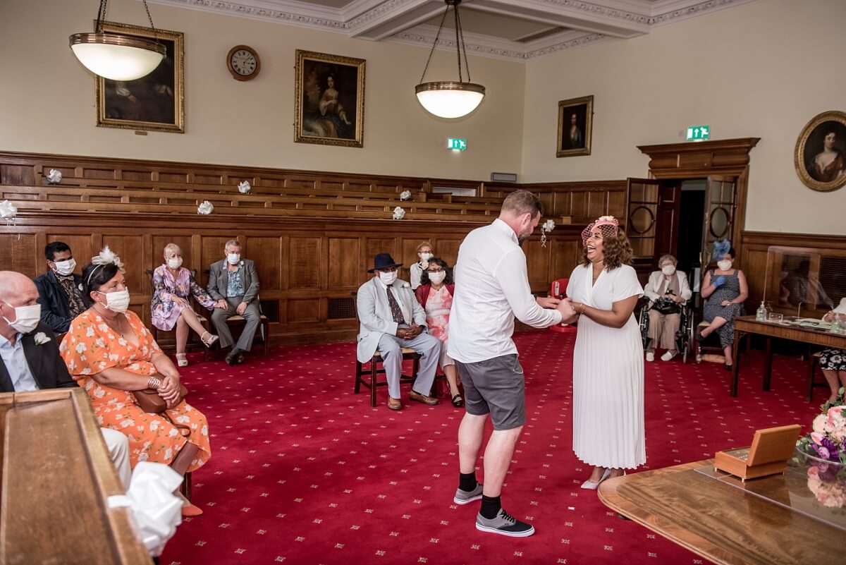 bride and groom at Bath Guildhall wedding ceremony