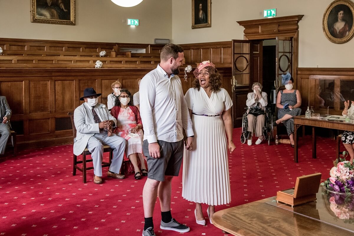 bride and groom at Bath Guildhall wedding ceremony