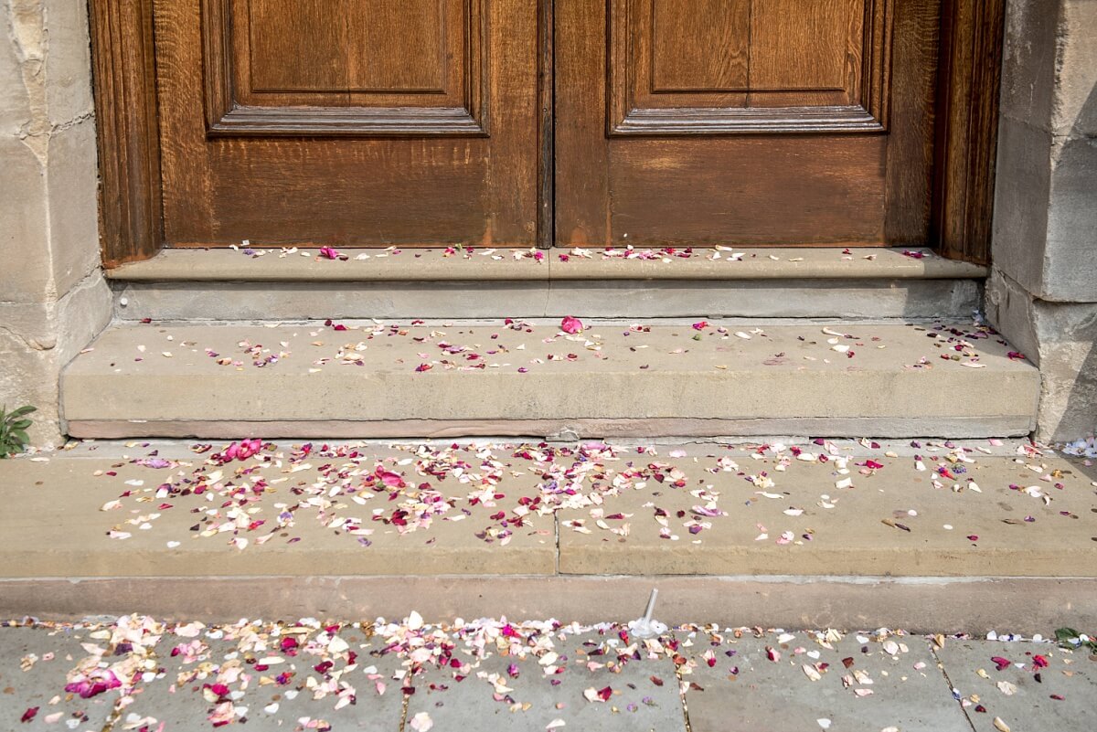 confetti on the steps of the guildhall in bath